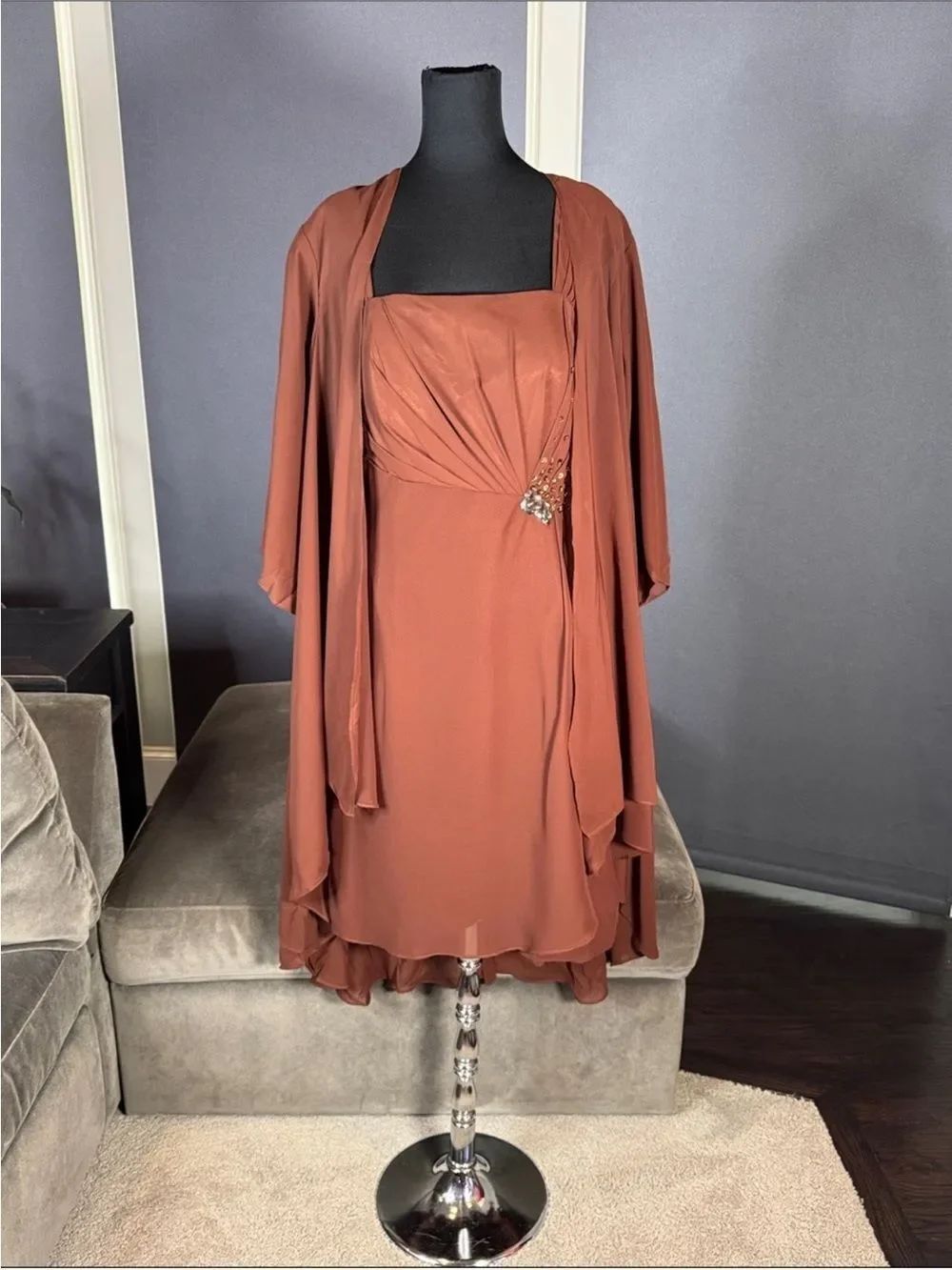 Women’s Brown Chiffon Formal Mother of the Bride Dress Draped Jacket Size 14 NWT